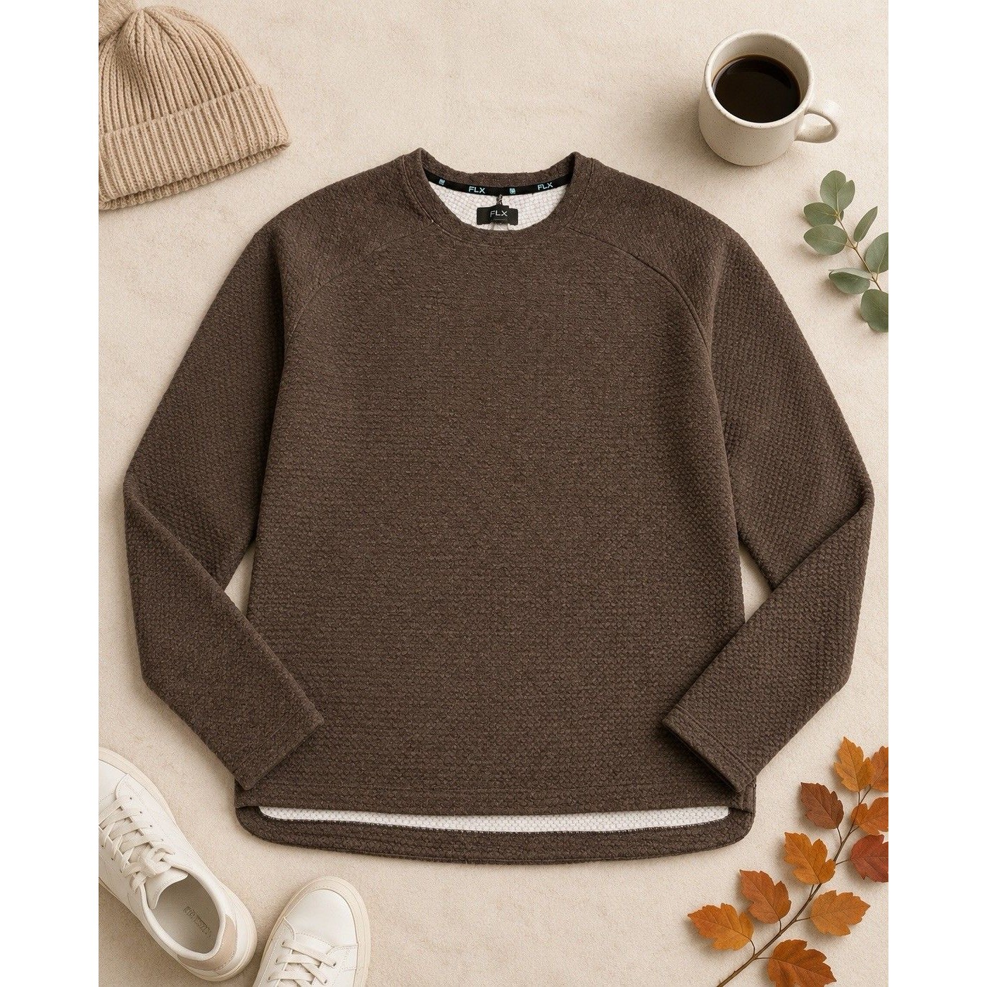 Flx Men’s Xl Brown Textured Crewneck Pullover Sweatshirt Sweater Side Zip